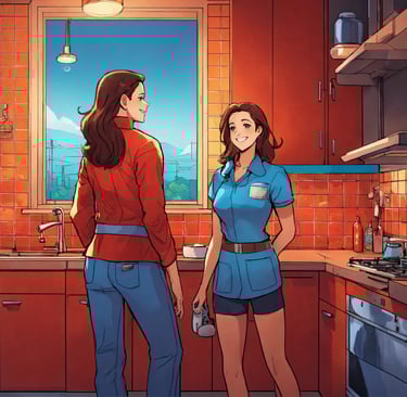 a woman in a red shirt and blue jeans standing in a kitchen