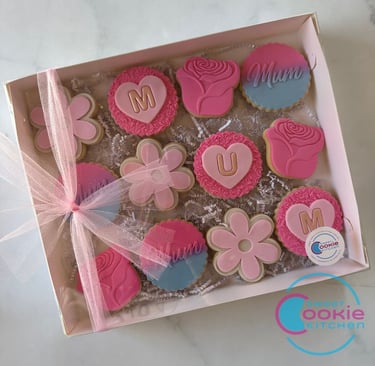 Mother's Day fondant cookies in a gift box with ribbons
