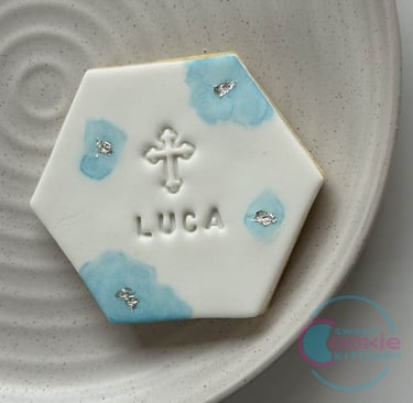 Religious fondant cookie, white and blue watercolour cookie, silver leaf cookie