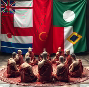 Monks with world flags
