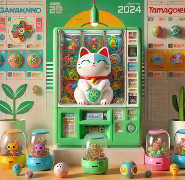 Modern Gashapon machine with detailed figures like Manekineko Lucky Cat, referencing nostalgic 1980s toys, and eco-friendly