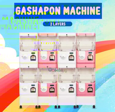 Mesin gashapon full size dengan dua tingkat untuk kapsul mainan.