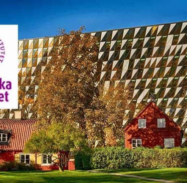 Geometric patterned Karolinska Institutet building, highlighting its role in advancing medical