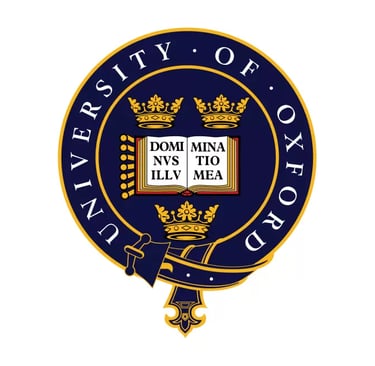 Crest of Oxford University, blue background with gold accents, book and crowns emblem