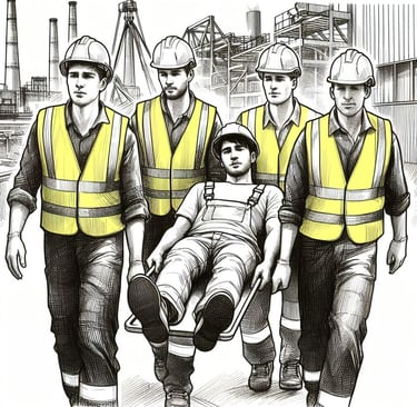 man is being carried by a men in yellow safety vests