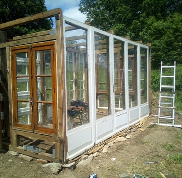 a greenhouse with a ladder to the side of it