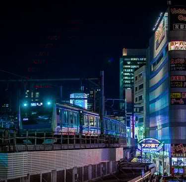 Vue du quartier d'Akihabara à Tokyo avec la Yamanote line qui passe