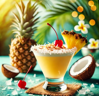 a drink with a coconut and pineapple in background