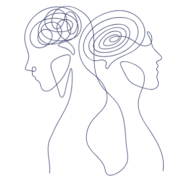 deux silhouettes dos à dos avec les pensées qui s'entremêlent symbolisant la psychothérapie