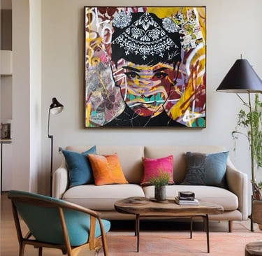 Quadros personalizados adornam as paredes, contando histórias únicas e dando vida à sala.