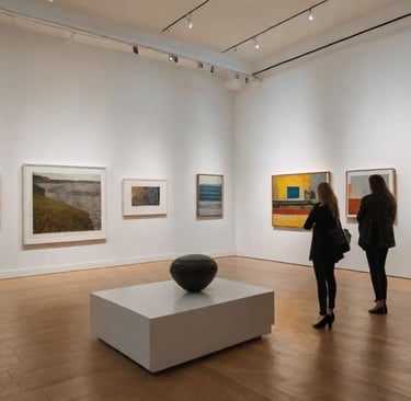 Galeria de arte com vibrantes obras de pop-art em exibição.