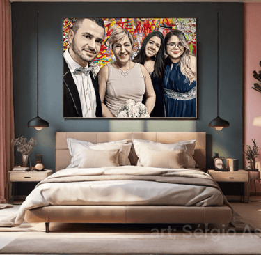 Design moderno e sofisticado: quadro pop-art destaca-se no quarto aconchegante.