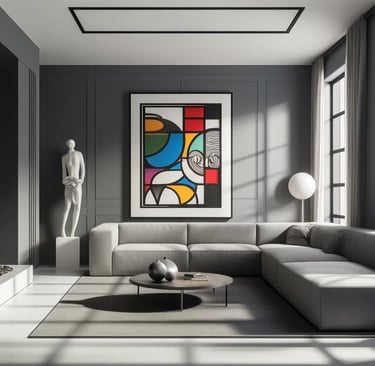 Interior de casa brasileira moderna com paredes cinzas, mobiliário minimalista e decoração elegante,