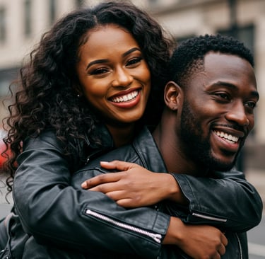 A happy couple riding on a motorcycle