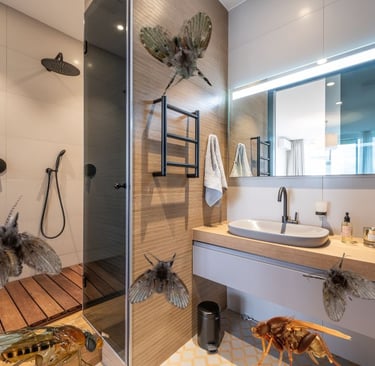 an illustration of flies in a bathroom