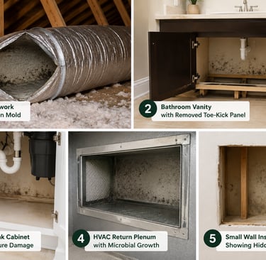 Collage of five common household areas with hidden mold including attic ductwork, bathroom vanity, and kitchen sink cabinets.