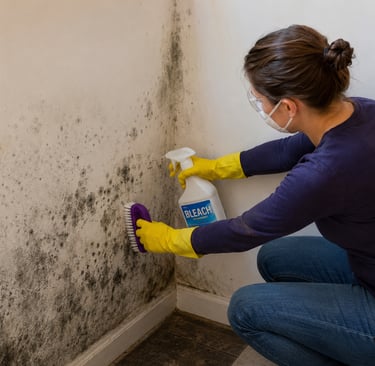 A person wearing gloves and a mask uses bleach and a scrub brush to remove black mold from a white wall.