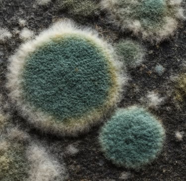 Macro view of fuzzy green and white mold colonies growing on a dark surface.