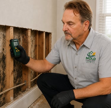 A mold inspector uses a moisture meter to test for water damage and mold growth inside a wall.