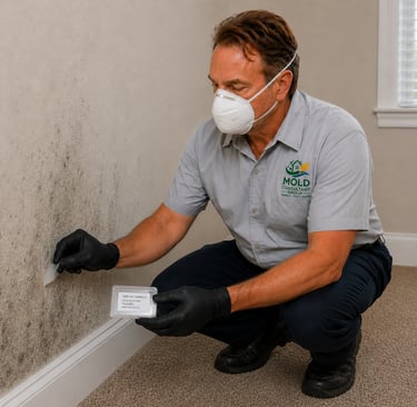 Professional mold inspector wearing an N95 mask taking a tape lift sample from a black mold-infested wall.