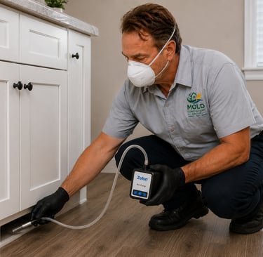 Professional mold inspector using a Zefon Bio-Pump for indoor air quality testing under kitchen cabinets.