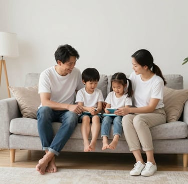 A happy family sitting on a couch together while children use digital tablets for learning.