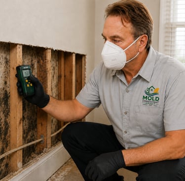 A mold remediation professional wearing an N95 mask uses a moisture meter to inspect wall studs for water damage and growth.