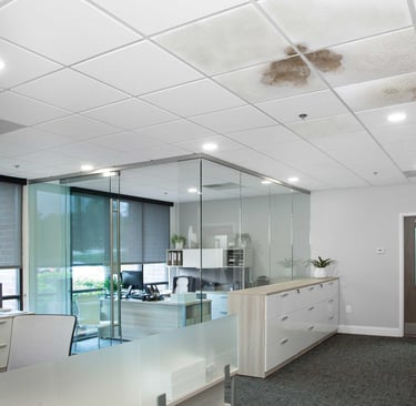 A modern office interior featuring a large water stain on white drop ceiling tiles indicating a roof leak.