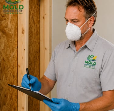 Professional mold inspector wearing an N95 mask and blue gloves taking notes during a home inspection.