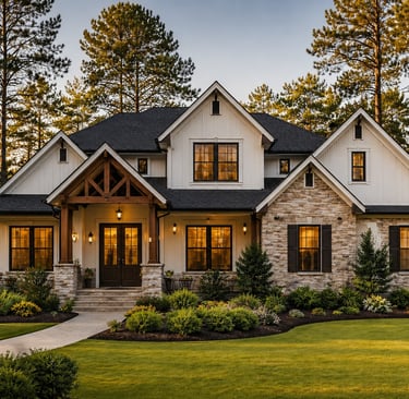 Modern white farmhouse with stone accents and a timber gabled porch nestled in a forest setting.