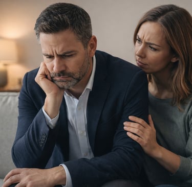 Ejecutivo preocupado tras perder su trabajo, representando una crisis y transición profesional.