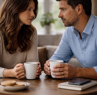 Mujer ejecutiva latina junto a su pareja tras haber sido despedida, reflejando preocupación.