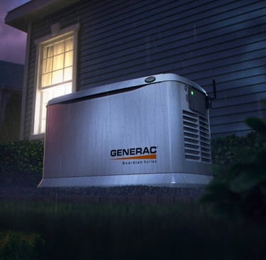 Generac Guardian Series home standby generator installed outside a house during a storm.