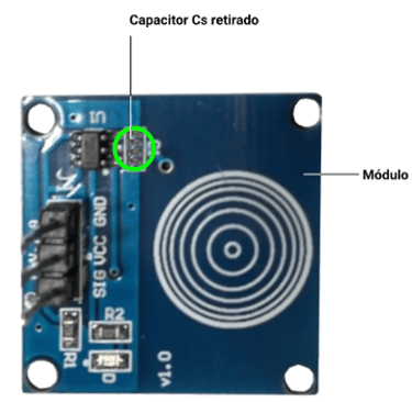 Modulo Sensor Touch TTP223 com Capacitor de ajuste de sensibilidade Cs retirado