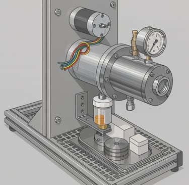 CAD-Modell des Simmerring-/RWDR-Prüfstands: Druckkammer, Riemen-/Scheibenantrieb, Messbecher für Lec