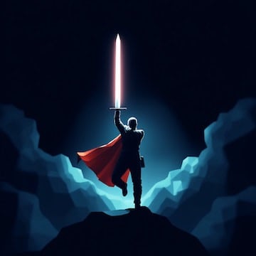 a person holding a glowing sword skyward