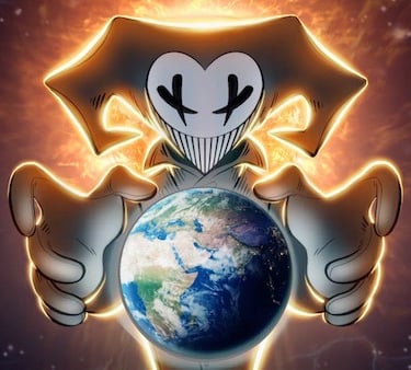 ClownPierce holding a globe in his hands.