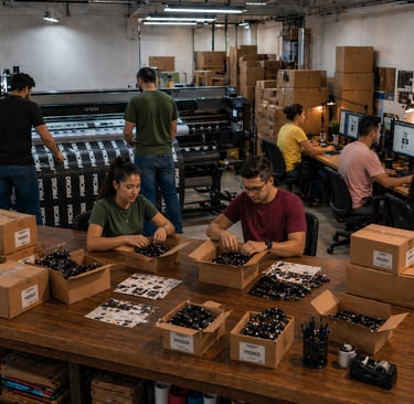 Equipo de producción integrado: diseñadores, operarios de plotter y logística, todos enfocados