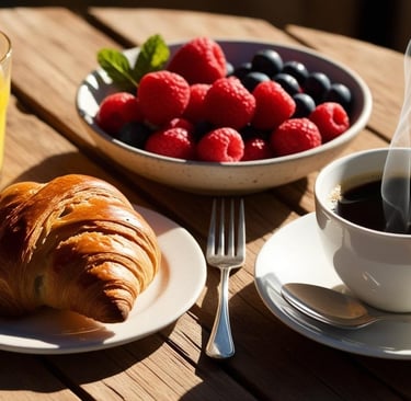 a cup of coffee and a bowl of fruit