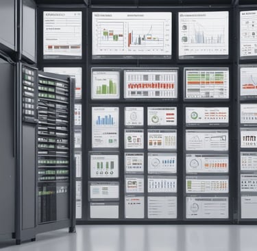 A server rack containing various network and power management devices. The devices feature buttons, switches, and digital displays, indicating active usage and monitoring capabilities. The rack has a black metal mesh design for ventilation.