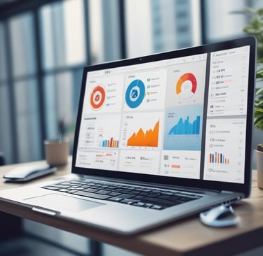 A dimly lit control desk with numerous buttons and knobs, paired with a large screen displaying complex software. The screen features a variety of icons and options related to lighting or stage effects.