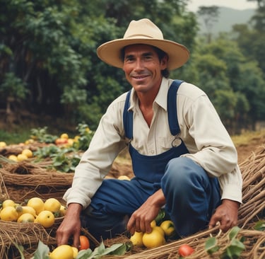 A rural landscape featuring a small structure made of metal and wood on the left, surrounded by banana trees. In the foreground, rows of crops are planted in red-brown soil. The background shows rolling hills and distant mountains under a clear sky.