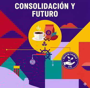 Ilustración de la consolidación y futuro de la marca CTC con café y cacao