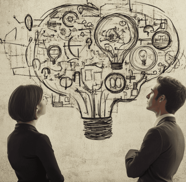 a man and woman looking at a drawing of a light bulb bulb