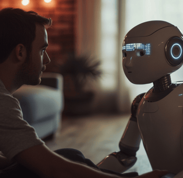 a man sitting on a couch with a robot