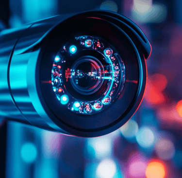 a camera mounted on a wall in a city