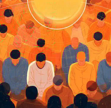 a group of people standing around a large yellow sun