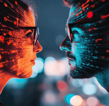 a man and woman facing each other in a city