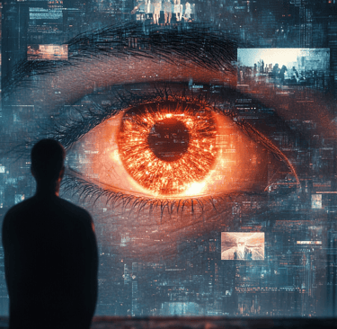a man standing in front of a cityscape with a large eyeball