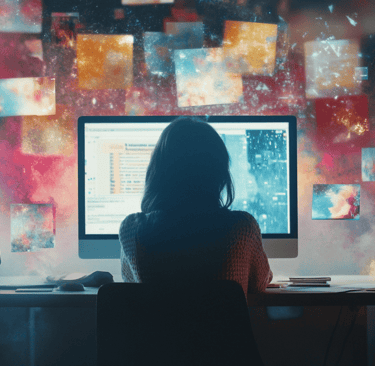 a woman sitting at a desk with a computer monitor and a computer monitor